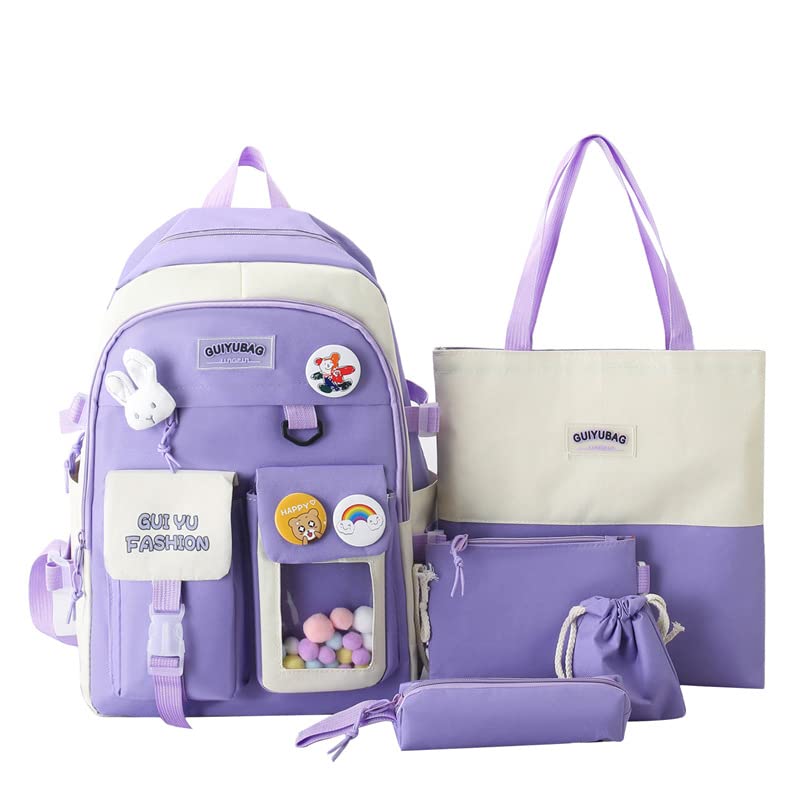 Juego de 5 bolsas escolares Kawaii con bolsa de almuerzo colgante, estuche para lápices, bolso de mano, monedero para adolescentes, mochila escolar, Púrpura