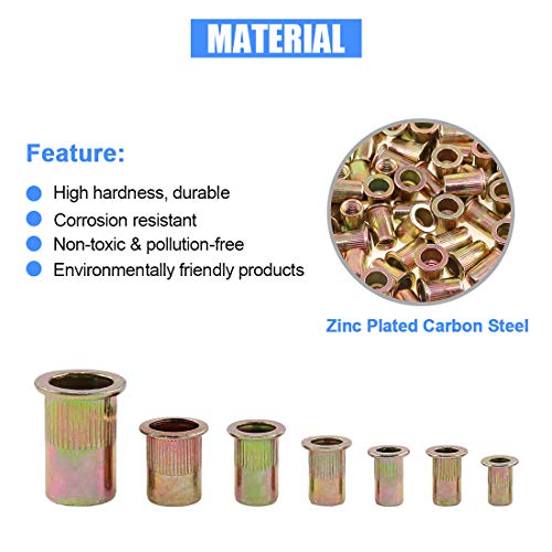 Glarks 320Pcs 5/32"-32Unc 8-32Unc 10-24Unc 1/4"-20Unc 1/4"-20Unc 5/16"-18Unc 3/8"-16Unc 1/2"-13Unc Zinc Plated Carbon Steel Flat Head Rivnut Threaded Insert Rivet Nuts Assortment Set (Rivet Nut Kit) #TOP3