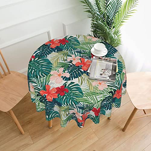 Hawaiian Leaf Round Tablecloth Summer Tropical Palm Leaves Table Cloths Floral Circular Table Cover Waterproof Wipeable Tabletop Decor For Dining Kitchen Camping Picnic Party 60 Inch #TOP6
