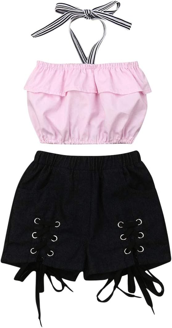 Merqwadd Toddler Girls Summer Shorts Set Halter Ruffle Top+ Demin Short Pants Kids Summer Clothes Outfits (Pink Top+Black Jeans, 2-3T)