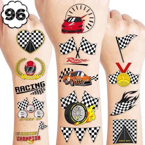 Image of 96 PCS Pre-Cut Checkered Flag Temporary Tattoos for Kids Party Favors | Race Car Themed Skin-Friendly Fake Stickers, Birthday Decorations, Gifts for Boys Girls