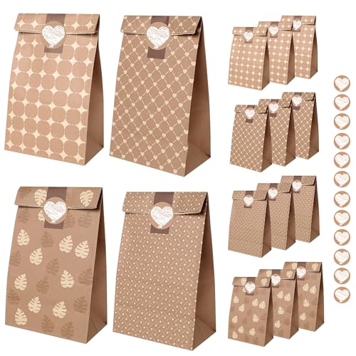 Romon Sacos de papel, sacos de papel Kraft de 12 peças com 12 autocolantes para sacos de papel kraft, sacos doces de aniversário, sacos para casamentos, etc.