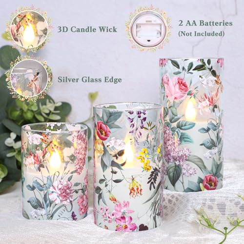 Image of CRYSTAL CLUB Floral Glass Flameless Candles Battery Operated with Remote, Realistic LED Flickering Pillar Candle for Wedding, Home Decor