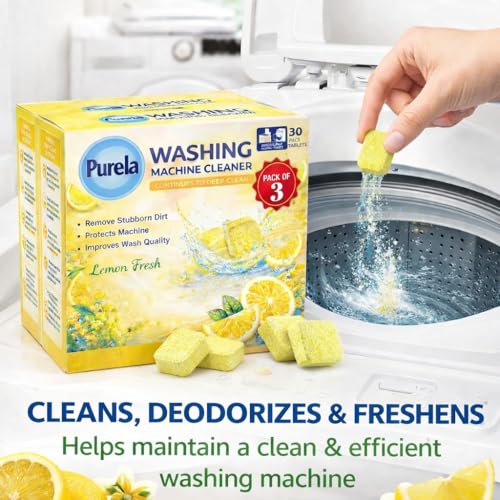 Image of Purela Washing Machine Cleaner Tablets - 90 Effervescent Tablets for Front & Top Load Washing Machines - Helps Reduce Odor, Residue & Scale Buildup(Lemon)