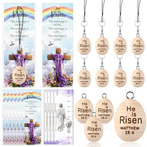 Ecation 100 Sets Religious Easter Eggs Gifts He Is Risen Gifts Bulk Wooden Resurrection Eggs Keychains with Bookmarks Bags He Is Risen Easter Basket Stuffers for Kids Students Church Classroom Party