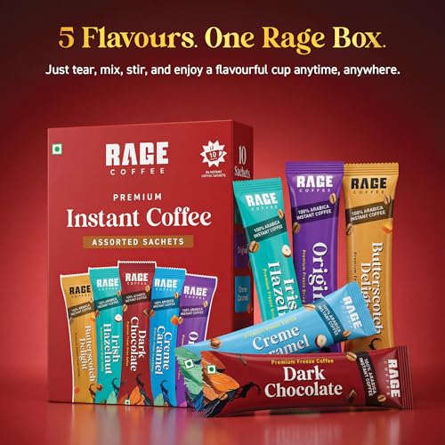 Image of Rage Coffee Instant Freeze Dried Coffee Sachets (Pack of 10) - 5 Flavours (Irish Hazelnut, Cream Caramel, Dark Chocolate, Original, Butterscotch Delight) - 2g Single-Serve Arabica Coffee Sachets | Quick Hot & Cold Brew