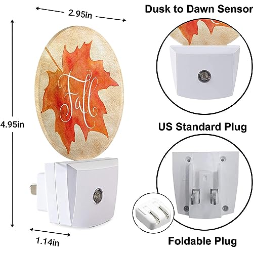 Image of Fall Plug-in Nightlight Watercolor Autumn Maple Leaf Night Light Auto Dusk-to-Dawn Sensor LED Lighting for Bedroom Bathroom Kitchen Home Decor Orange