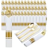 400Pcs Pre-Rolled Gold Plastic Cutlery Set, 100 Pack Wrapped Silverware With Napkins, Spoons, Forks, Knives, Premium Disposable Heavy Duty Utensils for Wedding Party Dinner