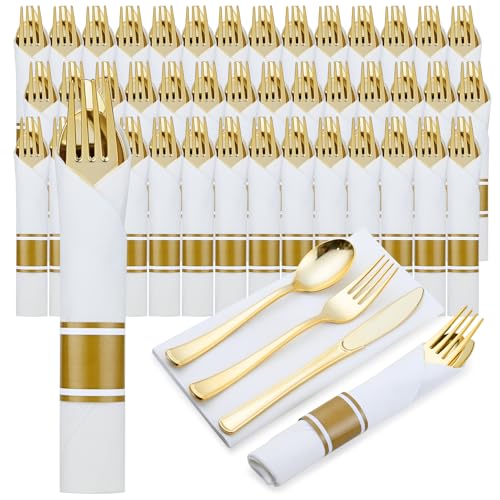 300 Pack Pre Rolled Gold Disposable Cutlery With Napkins Fork Knife Spoon