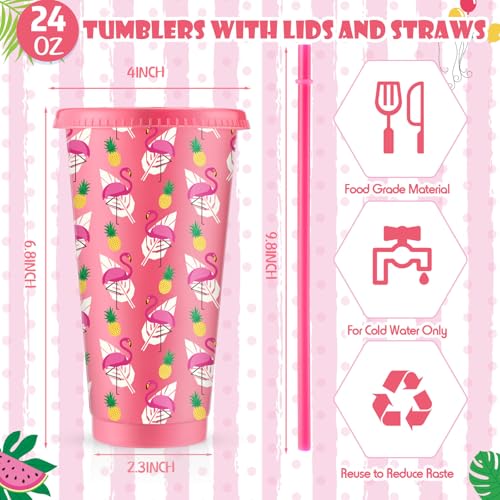 24 Reusable Flamingo Cups with Lids & Straws - Party Supplies - Image 2