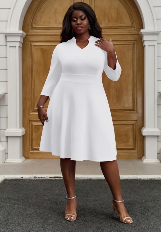 Church Dress for Women V Neck 3/4 Sleeve Midi Causal Cocktail Party A-Line Dresses with Pockets3