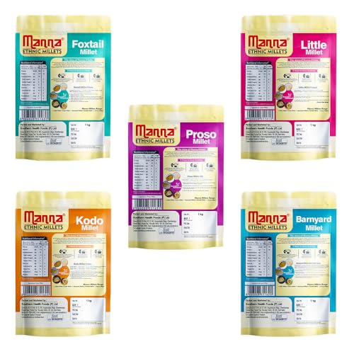 Image of Manna Millets 5Kgs, Whole Grains, Combo pack of 5, Foxtail, Kodo, Little, Barnyard, Proso. Certified Low GI, Unpolished Natural Grains 1kg (Pack of 5)