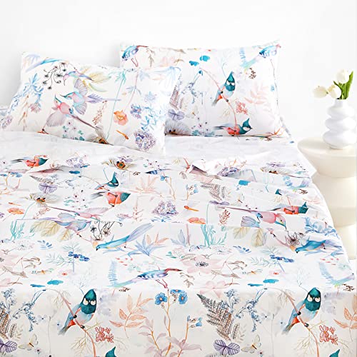 Wake In Cloud - Bird Sheet Set, Colorful Floral Flowers Leaves Botanical Plant Pattern Printed On White, Soft Microfiber Bedding (4Pcs, Queen Size) #TOP29