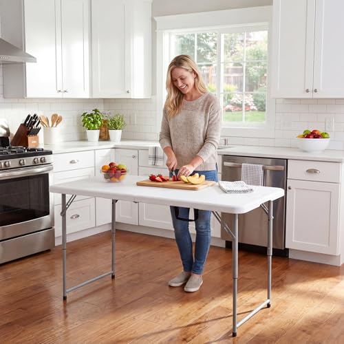 Image of Byliable Folding Table 4 Foot, Heavy Duty Portable Plastic Fold-in-Half Utility 4ft Folding Table with Carrying Handle for Indoor Outdoor, Camping Picnic Party, White