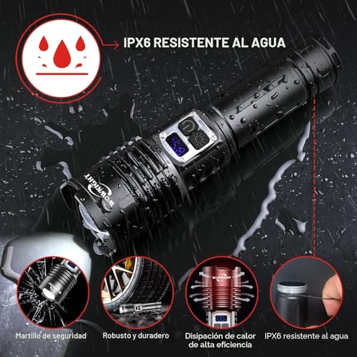 Miniatura 9 de Wownight Linternas Led Alta Potencia 1000000 Lúmenes, 50w 2 Interruptores Linterna Led Recargable, Linterna Potente Tactica Militar, Variación Infinita Ip67 Linternas Potentes Para Emergencia Camping