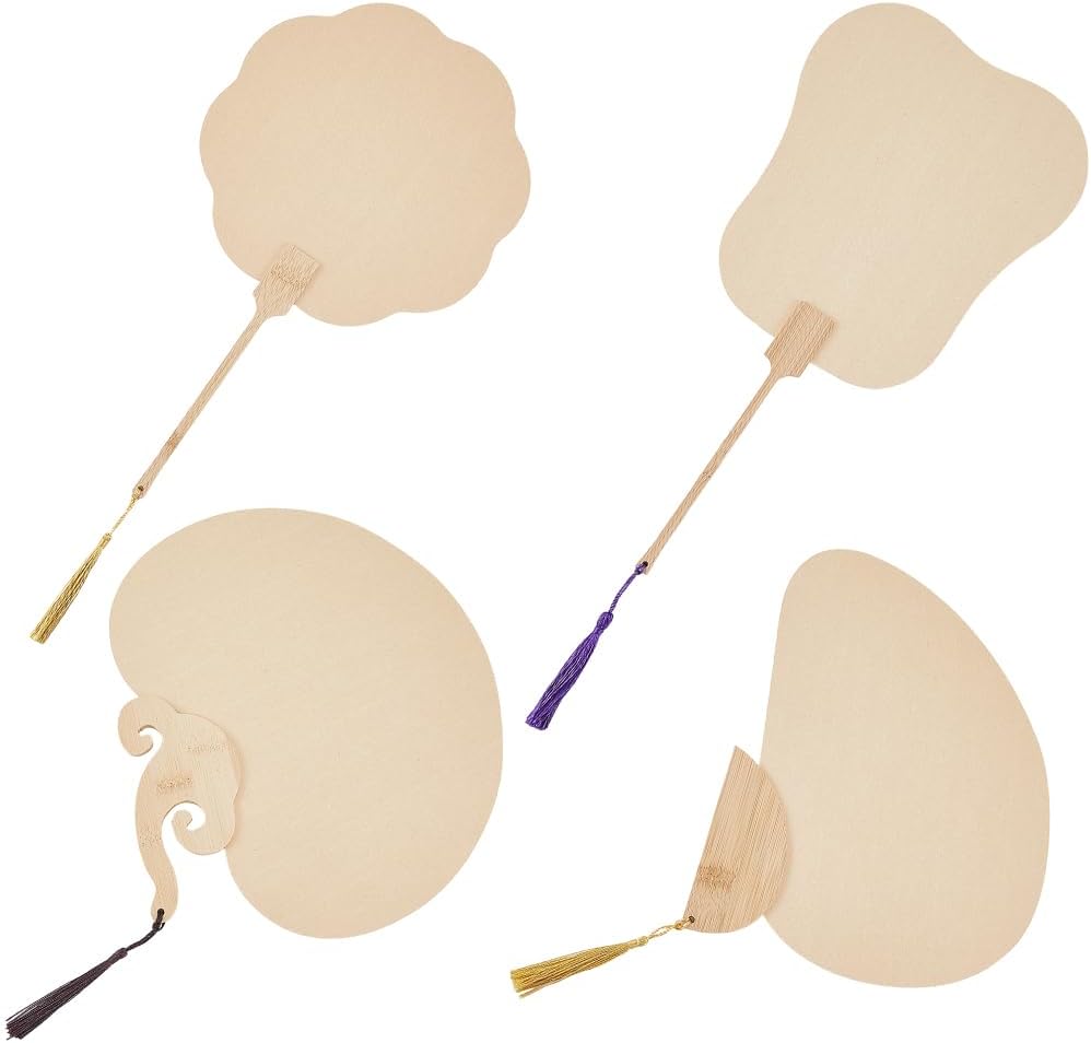 GORGECRAFT 4 Styles Blank Chinese Paper Hand Fans Assorted Shape Handmade Painting Clacking Line Dancing Popping Fan Handheld with Tassel for DIY Home Decoration Wedding Party Favor Supplies