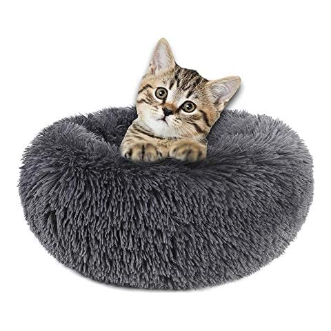 otoez Kitten Puppy Bed Small Round Dog Cat Beds Anti Anxiety Plush Pet Calming Donut Bed with Non-Slip Waterproof Bottom, Washable (19.7", Dark Grey) Cover