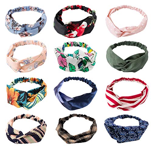 LZYMSZ 12PCS Women's Headbands,Floral Print Headwrap Twist Knot Hair Band Yoga Head Wraps Sports Elastic Turban,Vintage Printed Criss Cross Knotted for Women Girls (12-A/W)