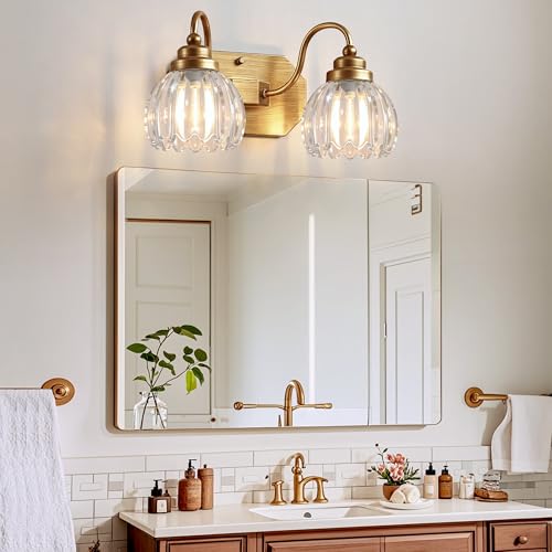Image of Vintage Gold Bathroom Light Fixtures,2 Light Tulip Crystal | Brushed Gold Vanity Lights,Matte Antique Brass Finish, Mid Century Style,Wall Sconces for Bedroom, Hallway, Easy To Install