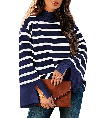 SOMTHRON Women's Fall Winter Striped Sweater Bell Sleeve Mock Neck Ribbed Knit Oversized Pullover Jumper Top