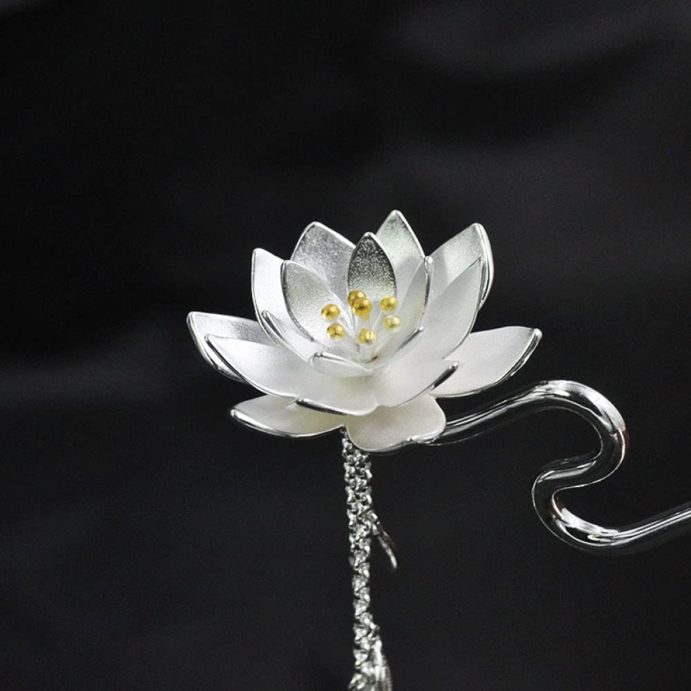 Bâton à cheveux, épingle à cheveux, bâtons de cheveux rétro chinois for femmes cheveux longs en argent sterling 925, épingle à cheveux en argent avec pompon lotus, accessoires de cheveux anciens japon