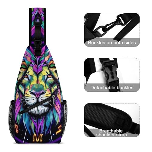 Men's Small Day Pack, Cross Body Sling Bag, Travel Hiking Fashion Chest Bag Trippy Lion Leo Constellation Art3