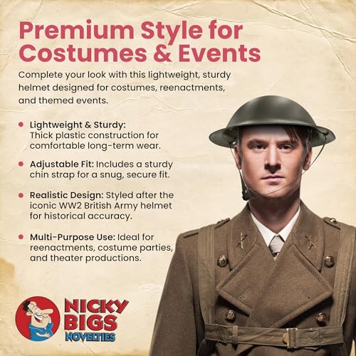 Nicky Bigs Novelties Adult WW2 British Army Helmet Ally WW2 Helmet Army Hat Lightweight Plastic Cushioned Lined Interior Brodie Military Costume Reenactment Accessory Olive Drab Green Adjustable Fit