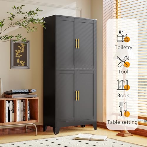 Image of winiowa 75 inch Tall Kitchen Pantry Cabinet, Metal Storage Cabinet with Doors and Adjustable Shelves, Black Freestanding Pantry Cabinet for Kitchen, Dining Room, Living Room, Laundry Room, Bathroom