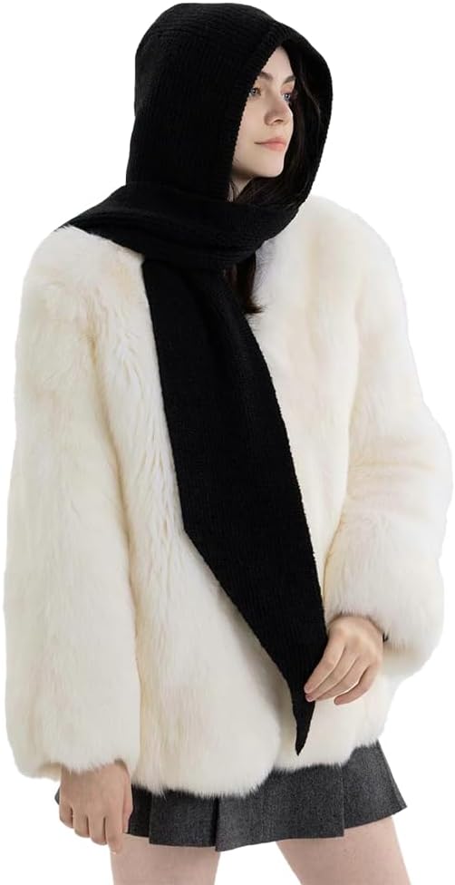 Balaclava Hood Hat Scarf Women 3 in 1 Knitted Hooded Scarf Beanie Hats Cute Crochet Beanies Hat Winter Scarfs Set 2025