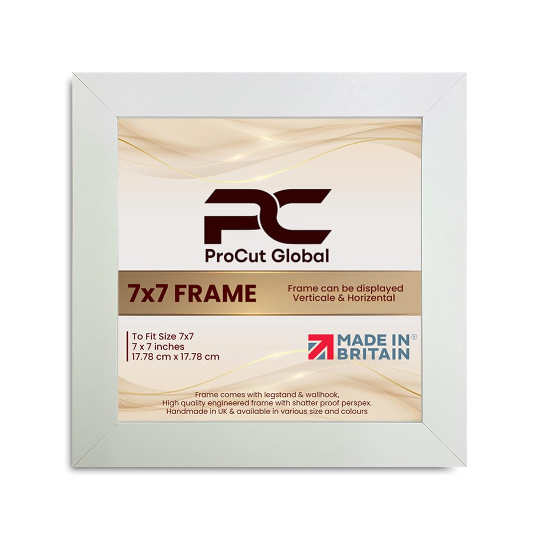 Procut Global 7X7 White Picture Frames - Modern Wooden Photo Frame with Shatterproof Perspex for Wall or Tabletop - Perfect for Posters, Certificates, Prints - Sizes & Colors Available