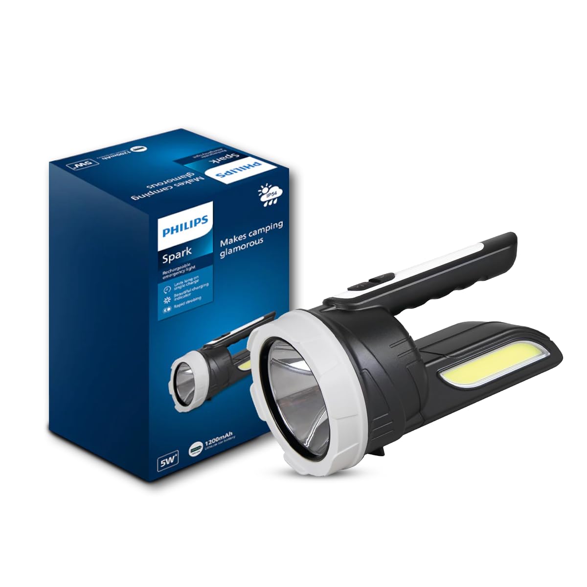 philips spark 5w rechargeable emergency light | long lasting with 1200 mah battery and 5.5 hours backup | 4 main light modes (front light-front light low-strobing and side light mode) | cool white