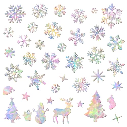 3 Sheets Christmas Window Clings - Snowflake Tree Gel Stickers Holographic Vinyl Non-Adhesive Prismatic Window Decals Anti-Bird Collide for Room Decoration