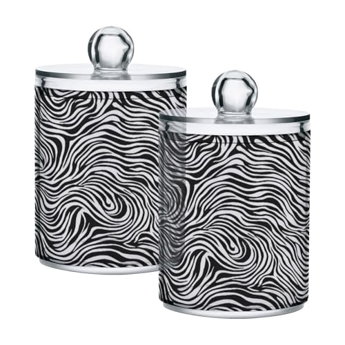 Msyxl 2 Pack Zebra Stripes Apothecary Jars with Lid, Qtip Holder Storage Containers for Cotton Ball, Swabs, Pads, Clear Plastic Canisters for Bathroom Vanity Organization (10 Oz)