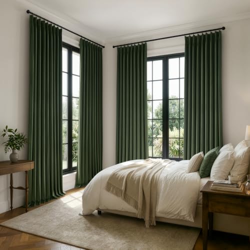 Image of MIULEE Velvet Pinch Pleated Extra Wide Olive Green Blackout Curtain 60x108 | Thermal Insulated, Luxury Window Drapes, Pleat Design for Sliding Glass Door Bedroom Living Room with Hooks, Set of 2
