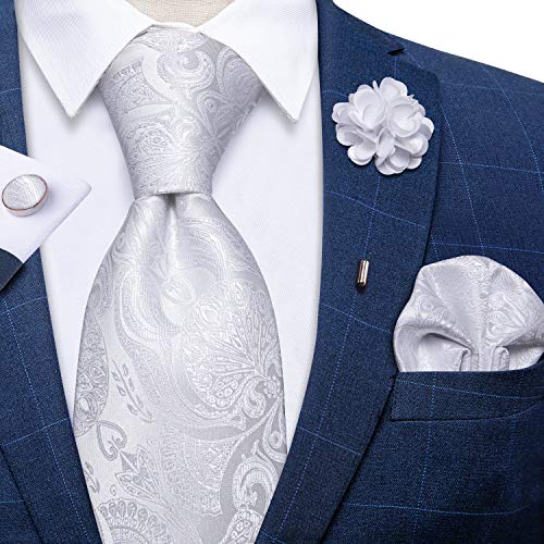 Image of DiBanGu Silk Ties for Men Necktie and Lapel Pin Brooch Set Formal Woven Paisley Plaid Striped Solid Tie Wedding Party