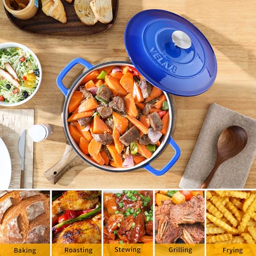 Image of Velaze 6 QT Enameled Cast Iron Dutch Oven Pot with Lid, Blue