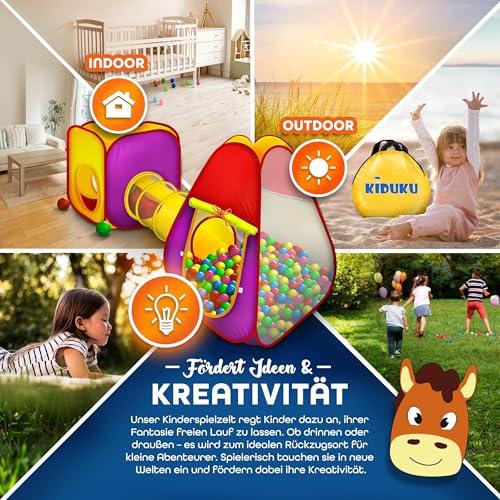 KIDUKU® 3-teiliges Bällebad Spielzelt Babyzelt + Krabbeltunnel + 200 Bälle + Tasche für drinnen und draußen