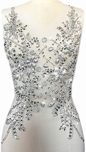 Sew on Sequin Crystal Rhinestones Beaded Clothes Appliques and Back Patches for Sewing Clothes Wedding Bridal Dress Decorative (Silver, 12x21 inch)