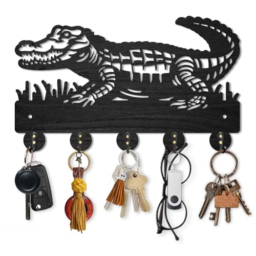 MAYJOYDIY Crocodile Wall Mount Key Holder, 30 x 18.1 cm, 5 Alloy Hooks, Wooden Coat Rack for for Entryway Hallway Kitchen Bedroom