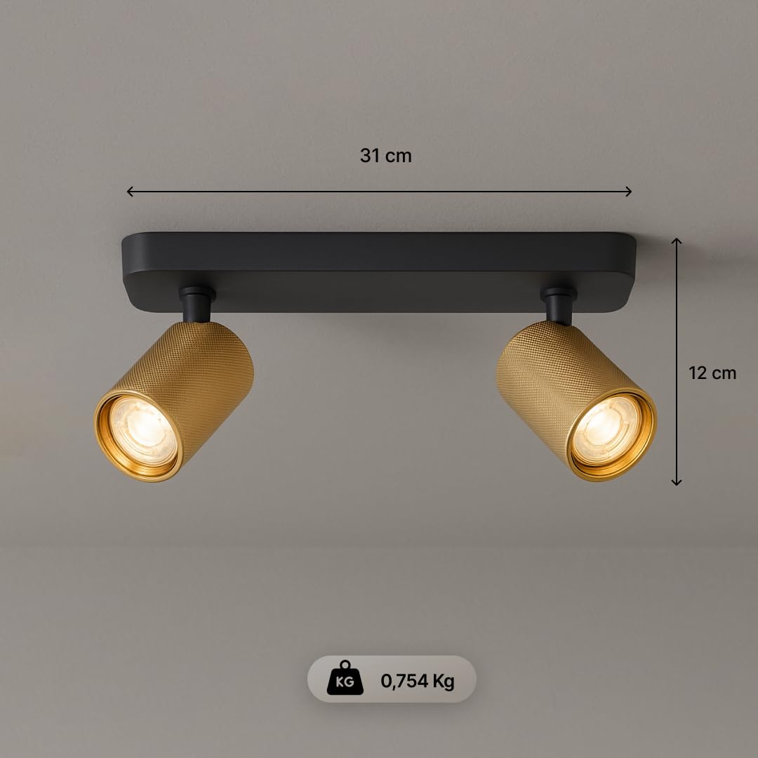 Brilliant Marty LED Deckenstrahler, 2-flammig, schwenkbare Spots mit GU10-Fassung, dimmbar, warmweißes Licht, 2 × 345 Lumen, sand-schwarz/matt-gold – ideal für Wohnzimmer und Flur.