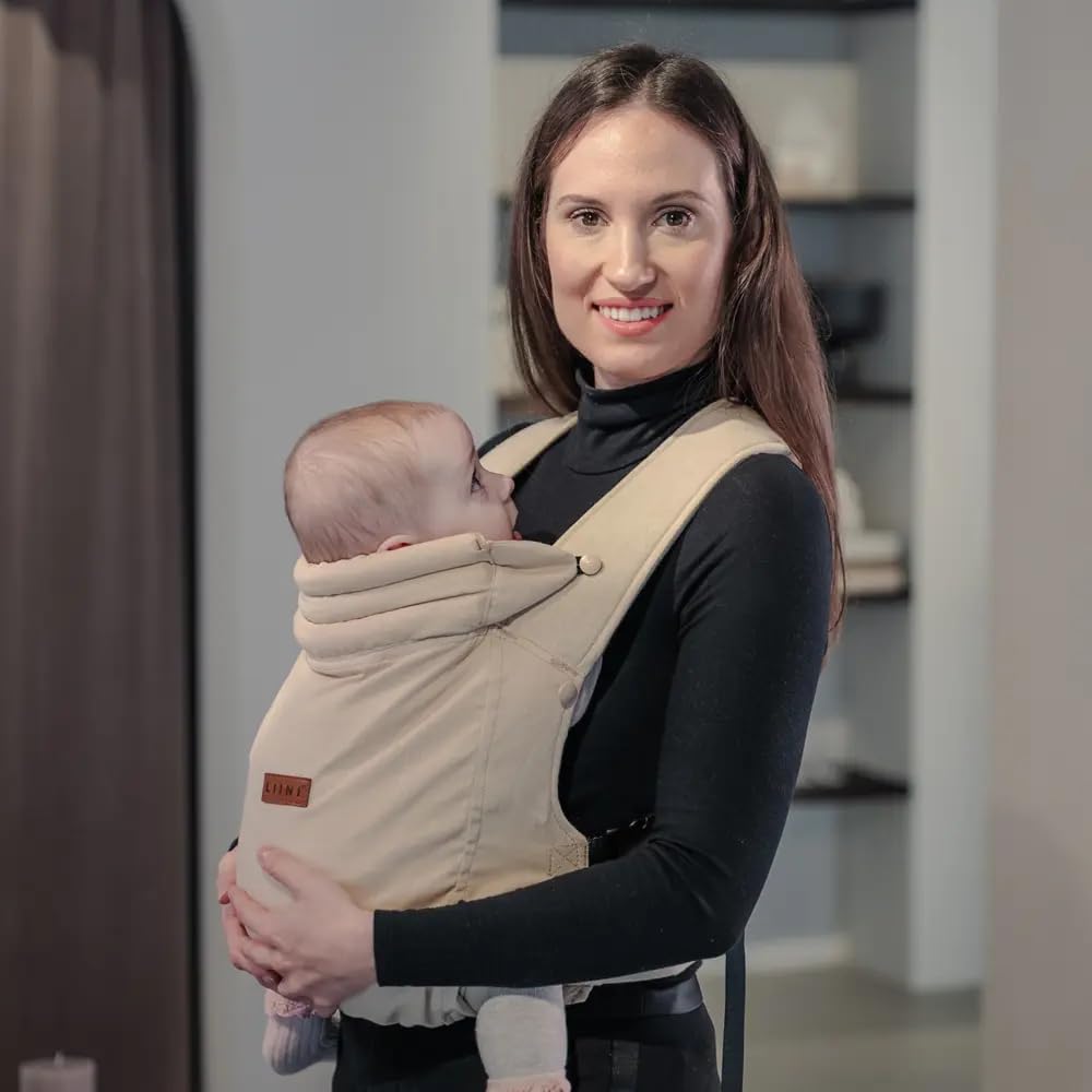 LIINI® Babytrage aus Leinen (Beige) – ab Geburt (3,5 kg) bis 15 kg, verstellbare Träger, Kopfstütze, Klickverschluss, ergonomisch & bequem – CE EN71-3 & SGS EN13209-2