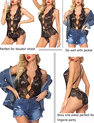 Avidlove Women One Piece Lingerie Lace Bodysuit Deep V Teddy Mini Babydoll Fairy Costumes (Large, 1-Black) #TOP4