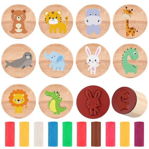Tenare Juego de 10 Sellos de Madera y Plastilina Contener 10 Sellos de Animales de Madera para Niños y 10 Plastilina Multicolor para Obsequios Regalos de Cumpleaños(Bosque)