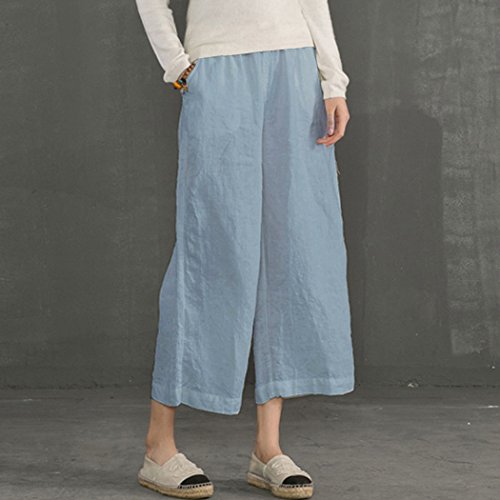 Womens Linen Cropped Pants Loose Casual Capri Cotton Wide Leg Plus Size Elastic Waist with Drawstring Trouses Light Blue 5XL2