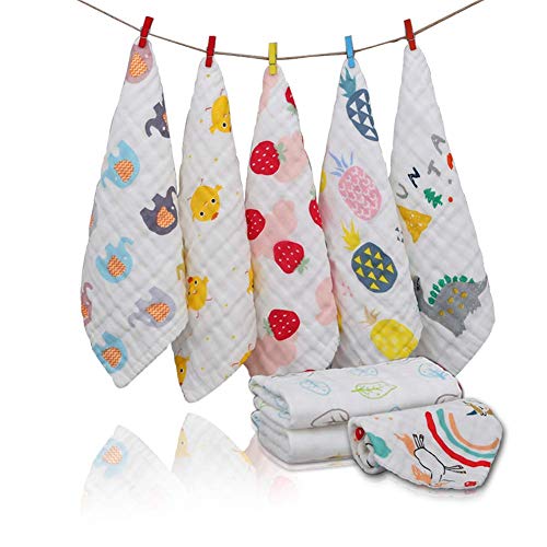 10 Piezas de Gasas para Bebes 100% Algodon - Toalla Facial Para Bebe Recien Nacido - Toalla Pequeña de Telas Infantiles para Niños - Paños de Muselinas Bebe Algodon con Dibujos Animados 30*30 cm