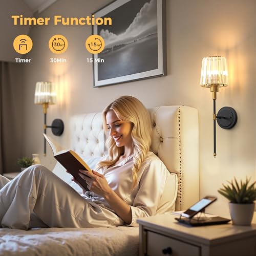 Image of DORESshop Battery Operated Wall Sconce Set of 2, Wireless Wall Light, 15 Color Rechargeable Wall Sconces, Sconce Wall Decor Set of 2 for Bedroom, Living Room, Gold and Black Crystal, 24.6in