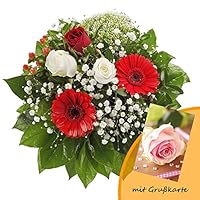 Dominik Blumen und Pflanzen, Blumenstrauß Gruß von Herzen mit Rosen, Gerbera und Johanniskraut und Grußkarte Rosen
