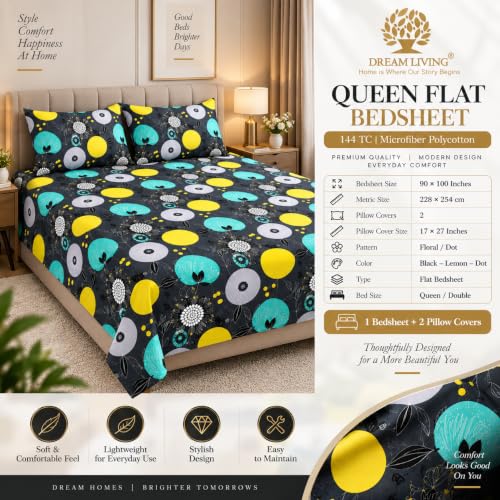 Image of Dream Living Microfiber Polycotton Flat Queen Double Bedsheet 144 TC, Size-(90 inchX100 inch Inches) (228 Cm X 254 Cm) with 2 Pillow Cover 17X27 Inchses (43X68) (Black-Lemon-Dot, Queen)