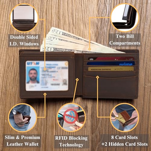 Top Grain Leather Wallet for Men - Mens Bifold Wallet RFID Blocking with Extra Capacity 10 Cards Slots with 2 ID Windows - Minimalist Mens Billfold Wallet - Mens Wallet with Gift Box - Coffee Brown3