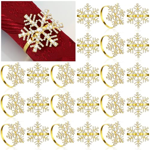 Patelai 24 Pieces Christmas Snowflake Napkin Rings Set Christmas Rhinestone Napkin Holders for Wedding Xmas Holiday Party Dinner Table Setting Supplies Decoration (Gold)